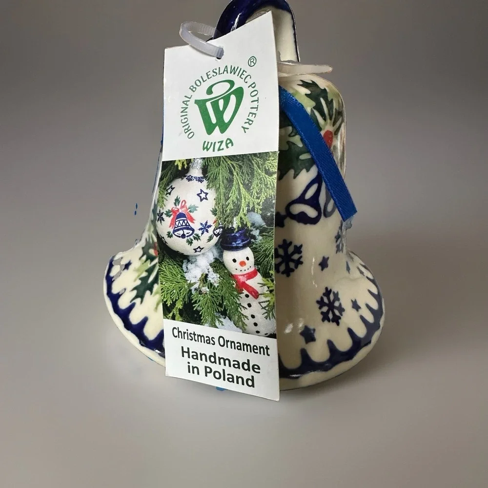 NWT Polish Pottery Working Ceramic Pottery Bell Christmas Ornament Poland Blue